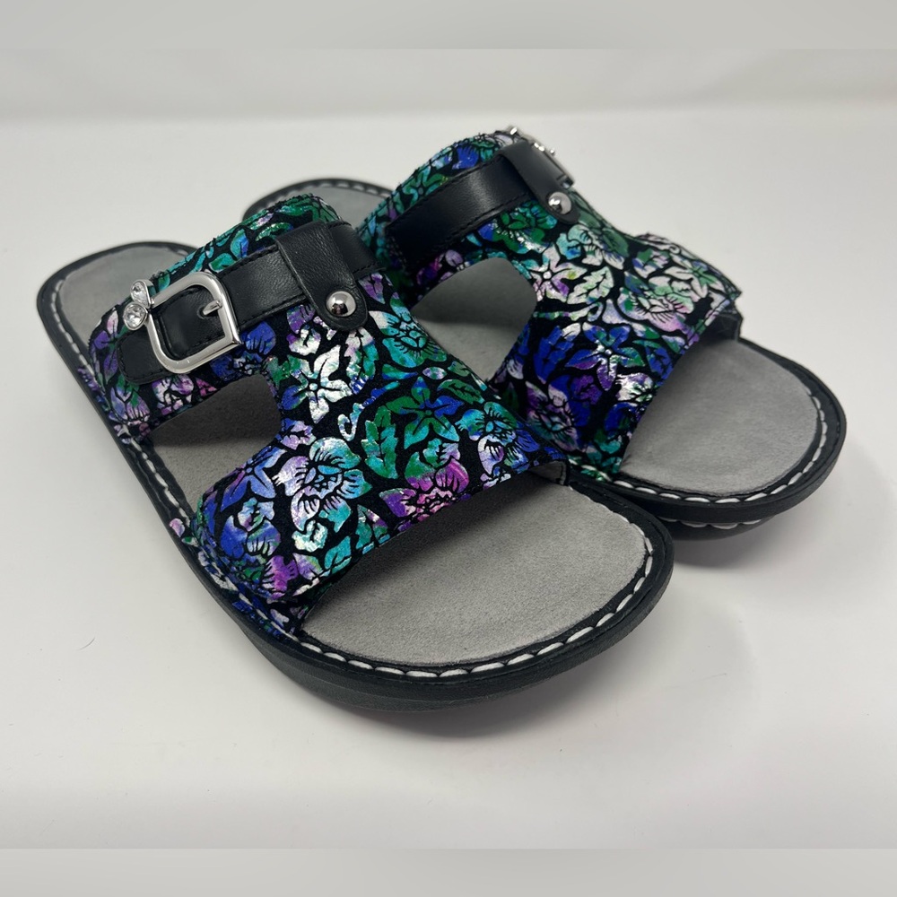 ALEGRIA Peggy Sandals Hibiscus Floral Leather Adjustable Sz 38 EU/8 US NIB